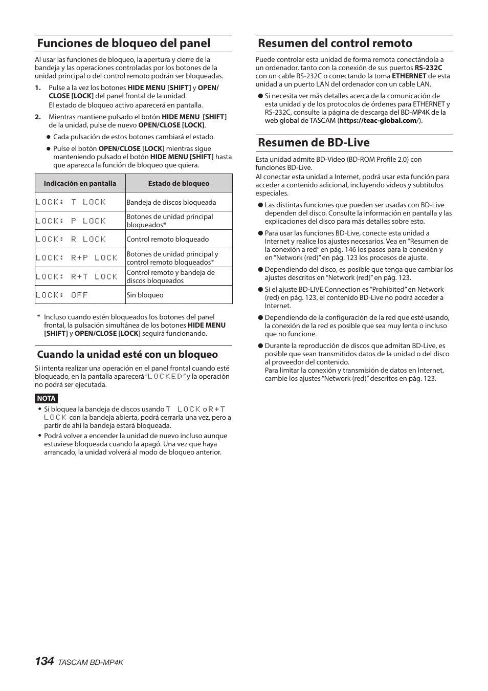 Funciones de bloqueo del panel, Cuando la unidad esté con un bloqueo, Resumen del control remoto | Resumen de bd-live, Vea "funciones de bloqueo del panel, En pág. 134) | Tascam BD-MP4K Professional-Grade 4K UHD Blu-ray Player User Manual | Page 134 / 260