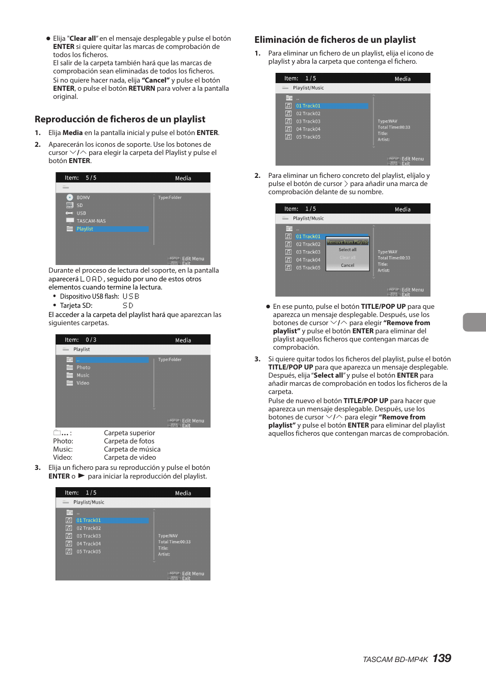 Reproducción de ficheros de un playlist, Eliminación de ficheros de un playlist | Tascam BD-MP4K Professional-Grade 4K UHD Blu-ray Player User Manual | Page 139 / 260