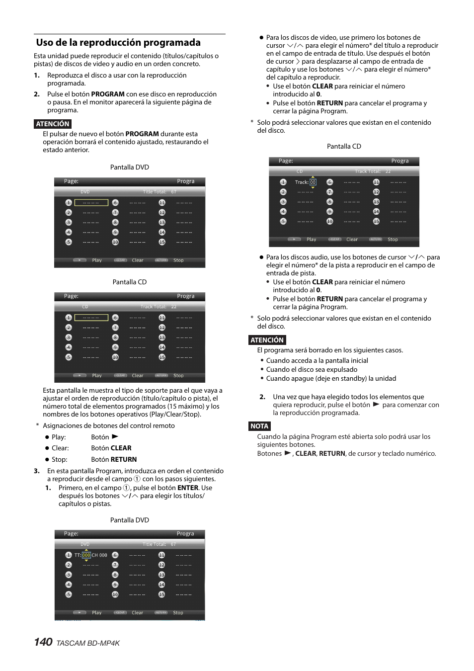 Uso de la reproducción programada | Tascam BD-MP4K Professional-Grade 4K UHD Blu-ray Player User Manual | Page 140 / 260