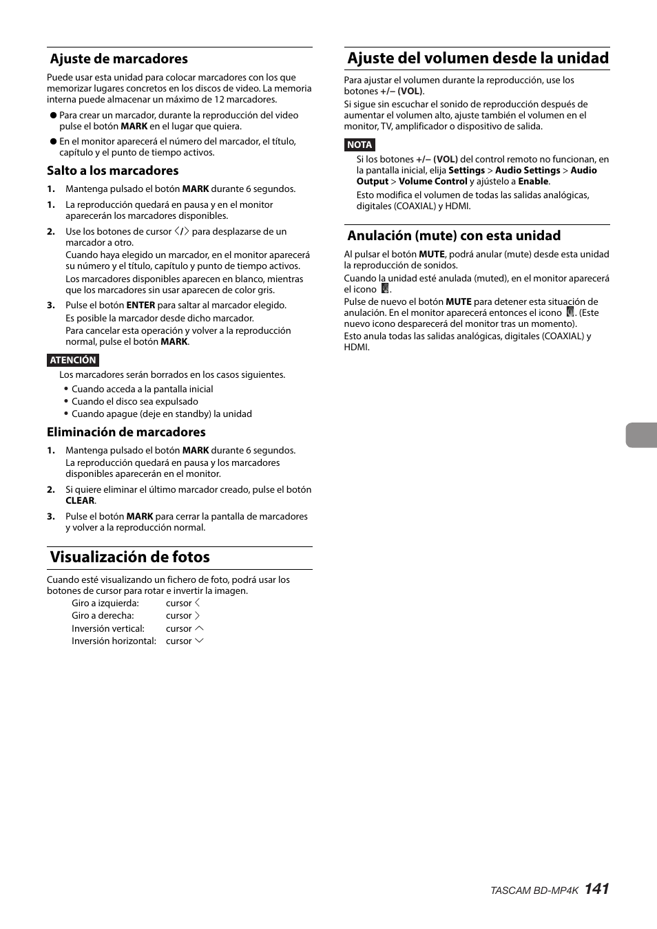 Ajuste de marcadores, Visualización de fotos, Ajuste del volumen desde la unidad | Anulación (mute) con esta unidad, Salto a los marcadores, Eliminación de marcadores | Tascam BD-MP4K Professional-Grade 4K UHD Blu-ray Player User Manual | Page 141 / 260