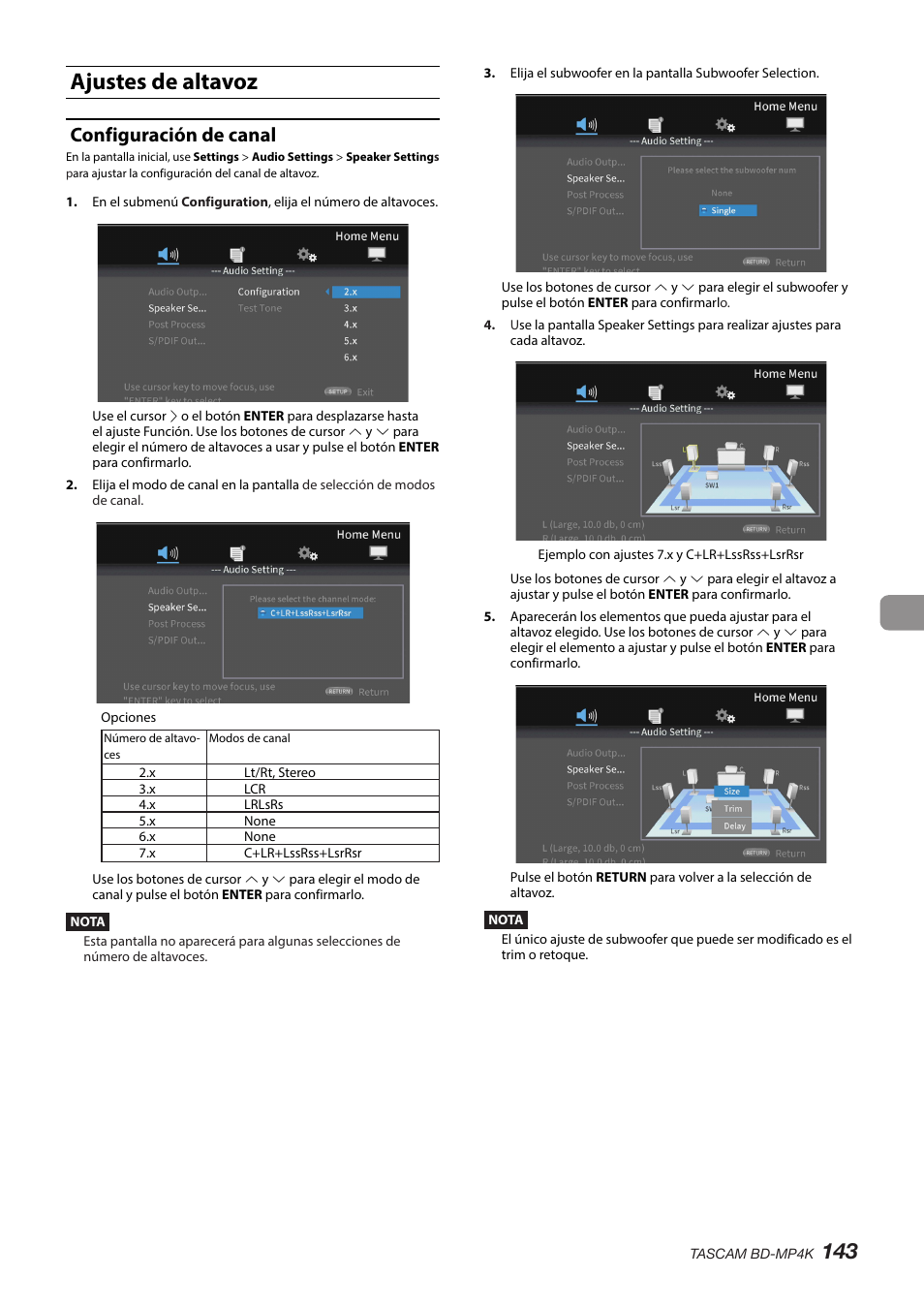Ajustes de altavoz, Configuración de canal | Tascam BD-MP4K Professional-Grade 4K UHD Blu-ray Player User Manual | Page 143 / 260