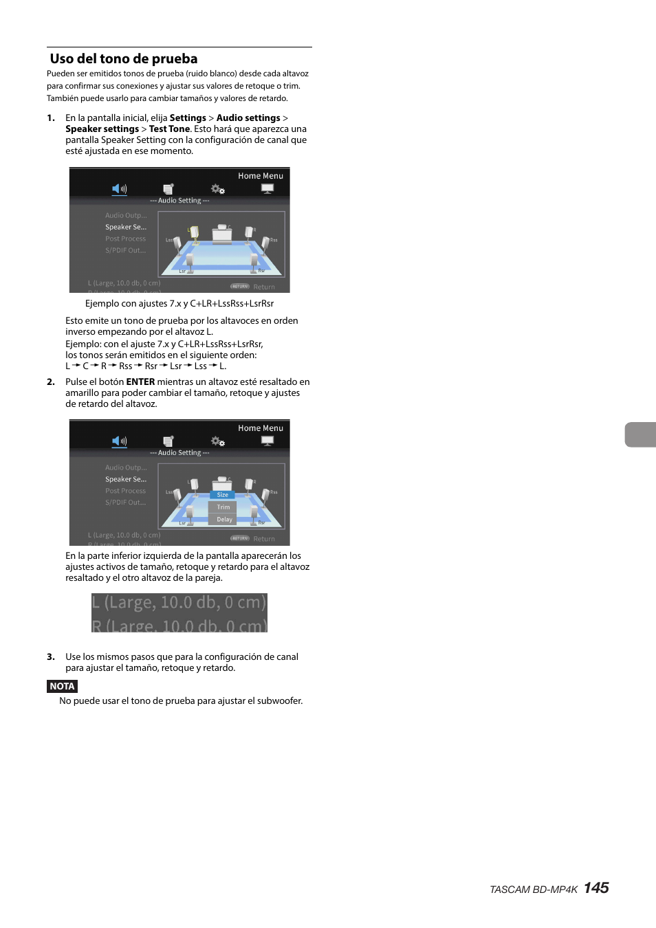 Uso del tono de prueba | Tascam BD-MP4K Professional-Grade 4K UHD Blu-ray Player User Manual | Page 145 / 260