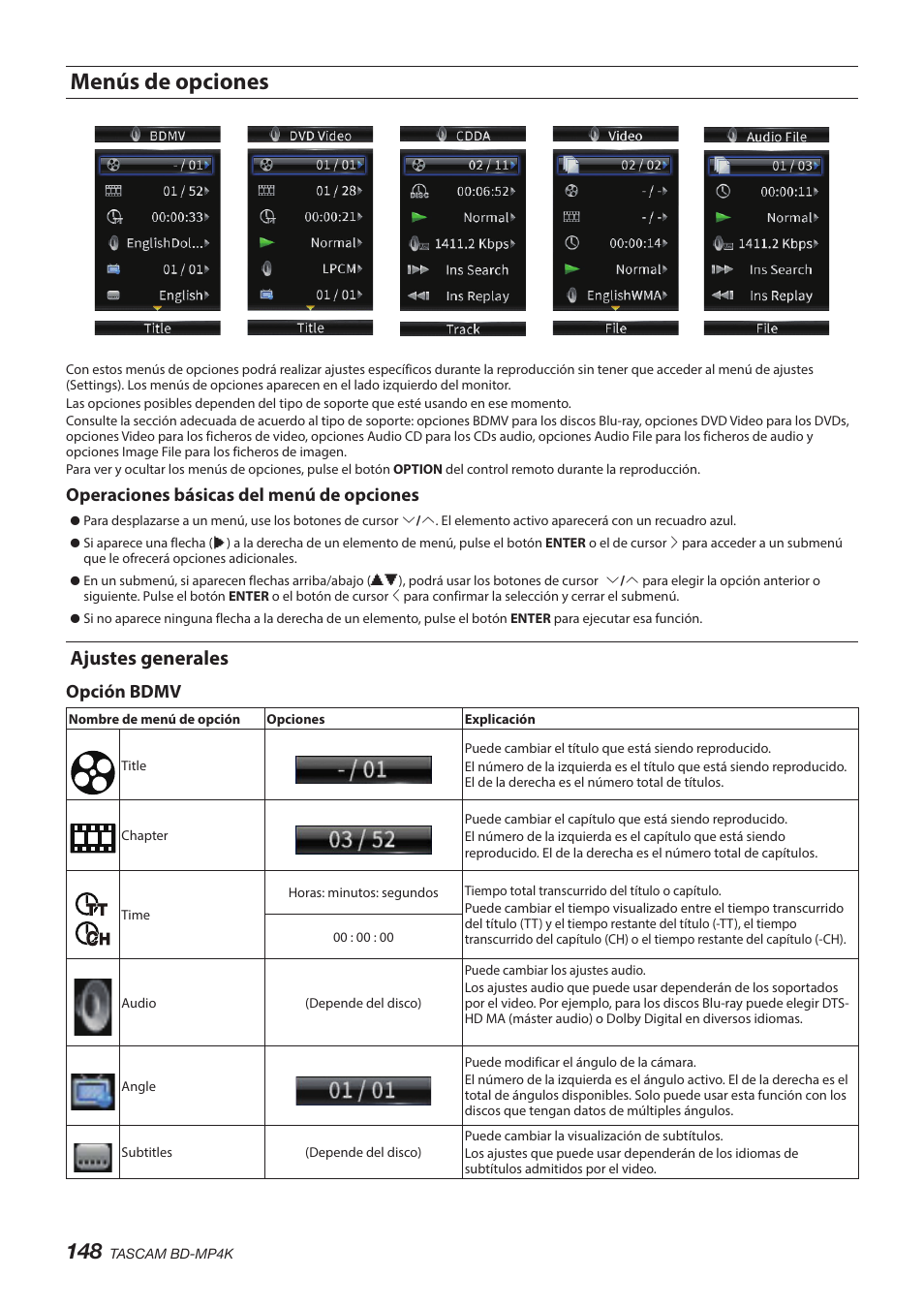 Menús de opciones, Ajustes generales, Operaciones básicas del menú de opciones | Opción bdmv | Tascam BD-MP4K Professional-Grade 4K UHD Blu-ray Player User Manual | Page 148 / 260