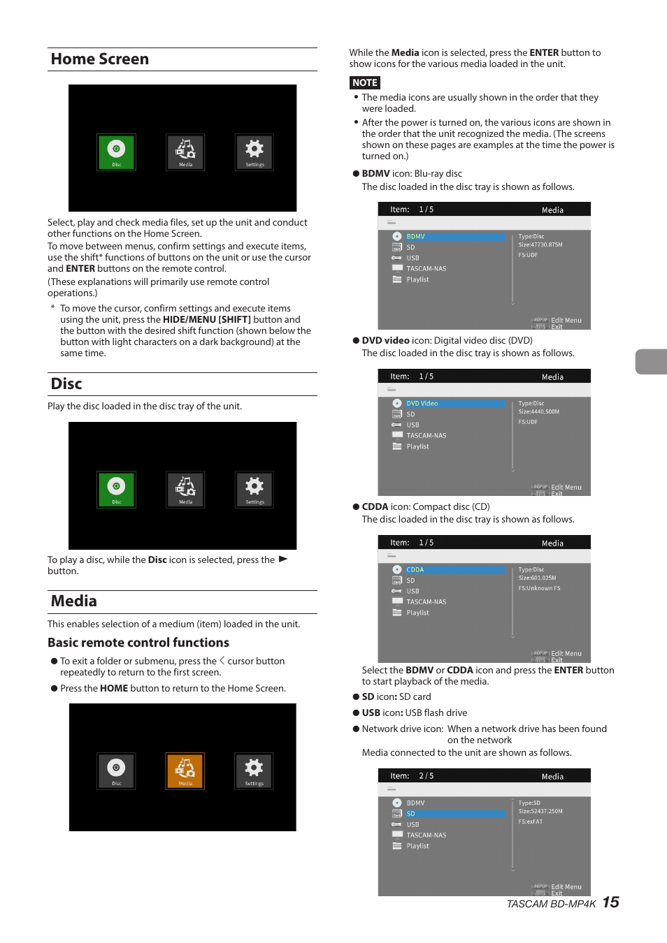 Home screen, Disc, Media | Home screen disc media, Basic remote control functions | Tascam BD-MP4K Professional-Grade 4K UHD Blu-ray Player User Manual | Page 15 / 260