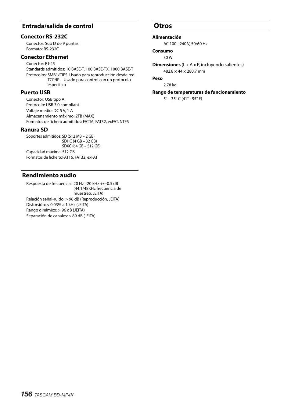 Entrada/salida de control, Rendimiento audio, Otros | Entrada/salida de control rendimiento audio | Tascam BD-MP4K Professional-Grade 4K UHD Blu-ray Player User Manual | Page 156 / 260