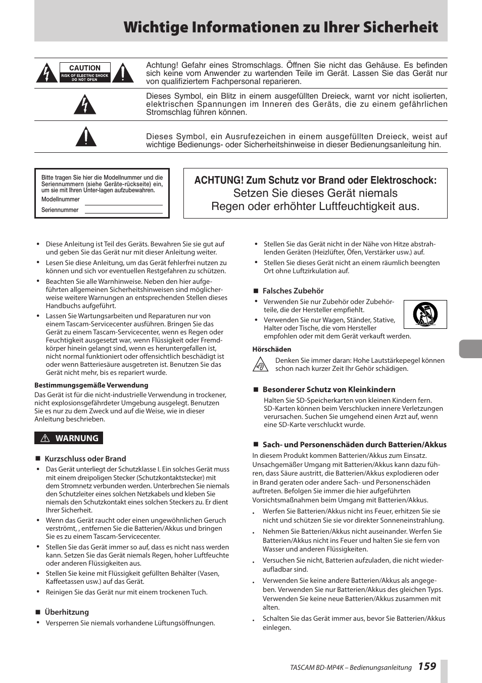 Deutsch, Wichtige informationen zu ihrer sicherheit, Achtung! zum schutz vor brand oder elektroschock | Tascam BD-MP4K Professional-Grade 4K UHD Blu-ray Player User Manual | Page 159 / 260