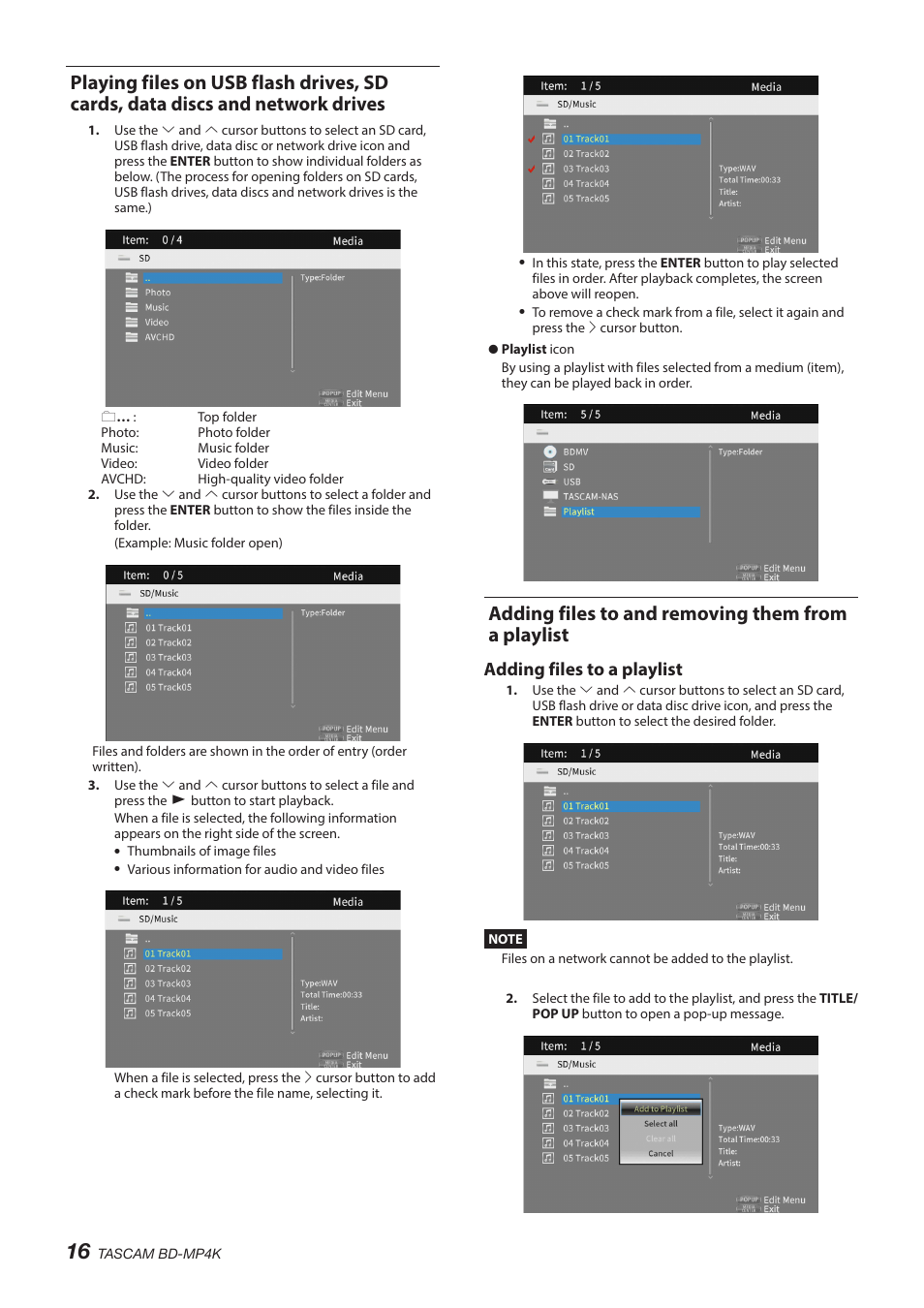 Adding files to and removing them from a playlist, Adding files to a playlist | Tascam BD-MP4K Professional-Grade 4K UHD Blu-ray Player User Manual | Page 16 / 260