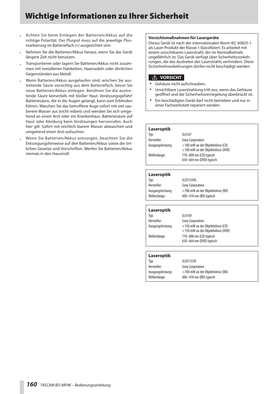 Wichtige informationen zu ihrer sicherheit | Tascam BD-MP4K Professional-Grade 4K UHD Blu-ray Player User Manual | Page 160 / 260