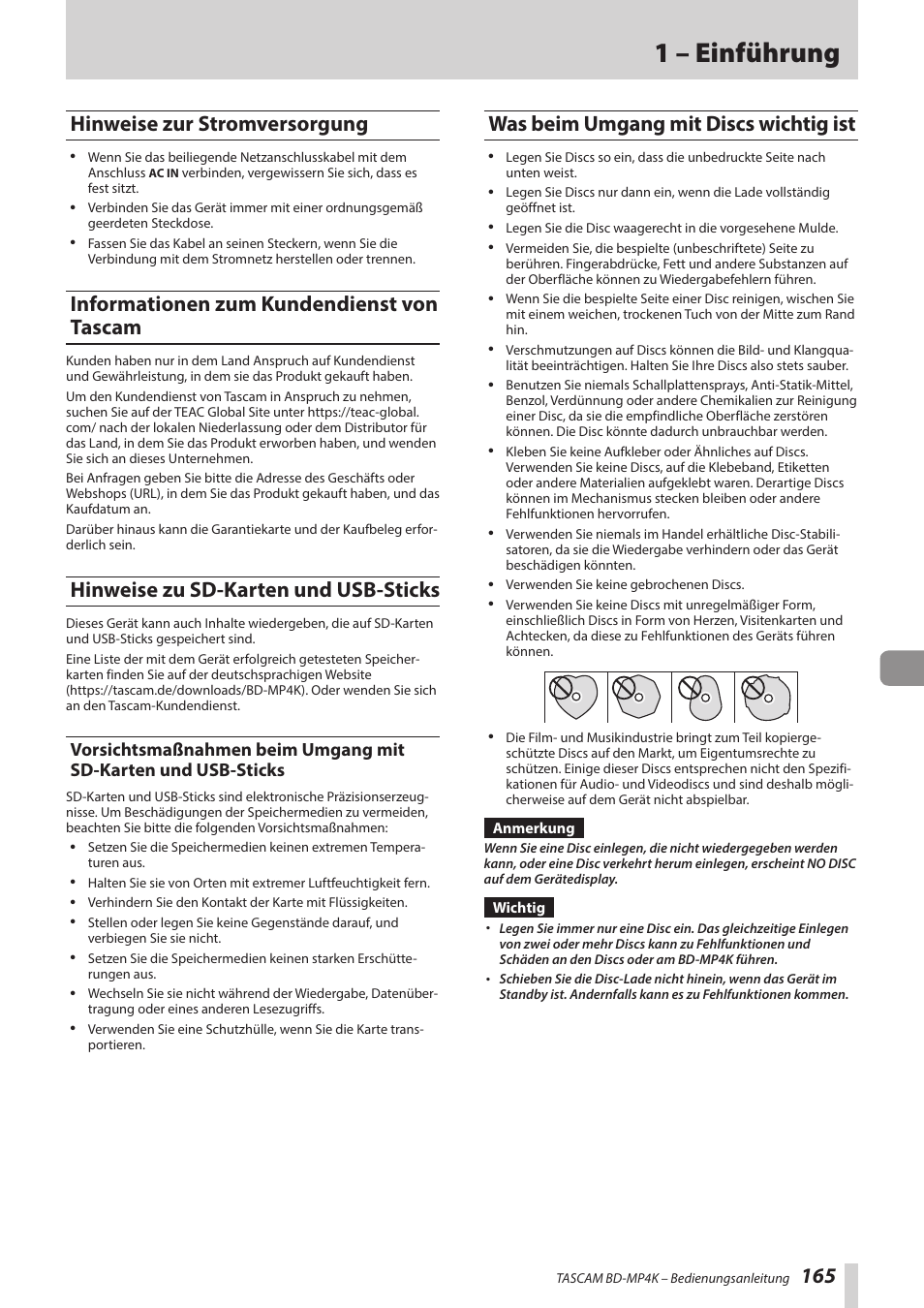 Hinweise zur stromversorgung, Informationen zum kundendienst von tascam, Hinweise zu sd-karten und usb-sticks | Was beim umgang mit discs wichtig ist, 1 – einführung, 165 hinweise zur stromversorgung | Tascam BD-MP4K Professional-Grade 4K UHD Blu-ray Player User Manual | Page 165 / 260