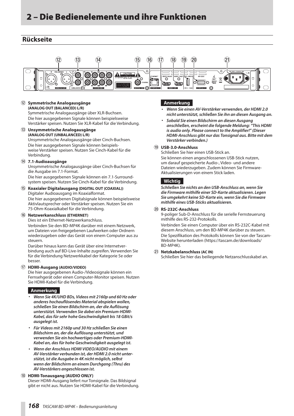 Rückseite, 2 – die bedienelemente und ihre funktionen | Tascam BD-MP4K Professional-Grade 4K UHD Blu-ray Player User Manual | Page 168 / 260