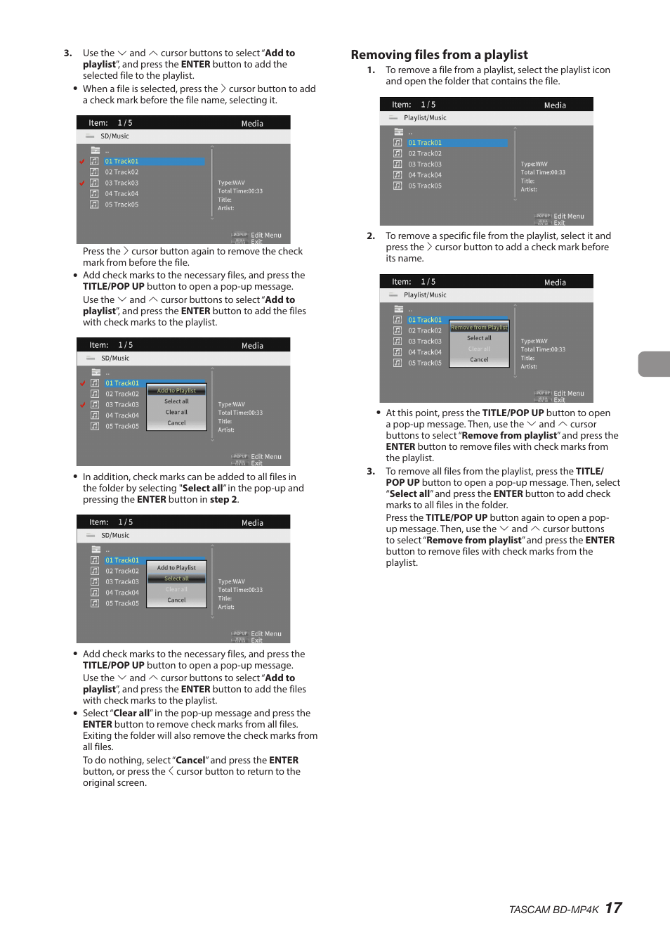 Removing files from a playlist | Tascam BD-MP4K Professional-Grade 4K UHD Blu-ray Player User Manual | Page 17 / 260