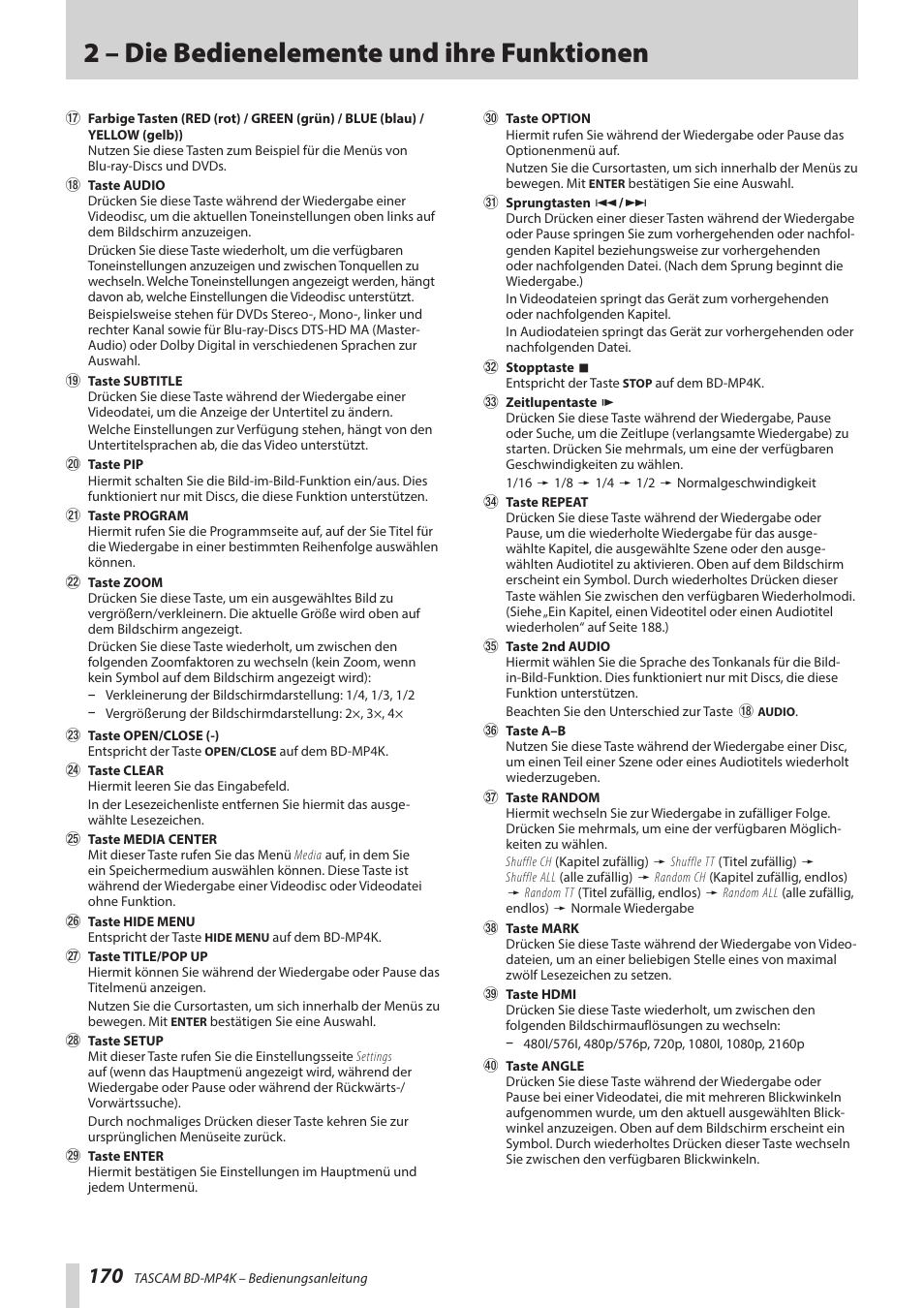 2 – die bedienelemente und ihre funktionen | Tascam BD-MP4K Professional-Grade 4K UHD Blu-ray Player User Manual | Page 170 / 260