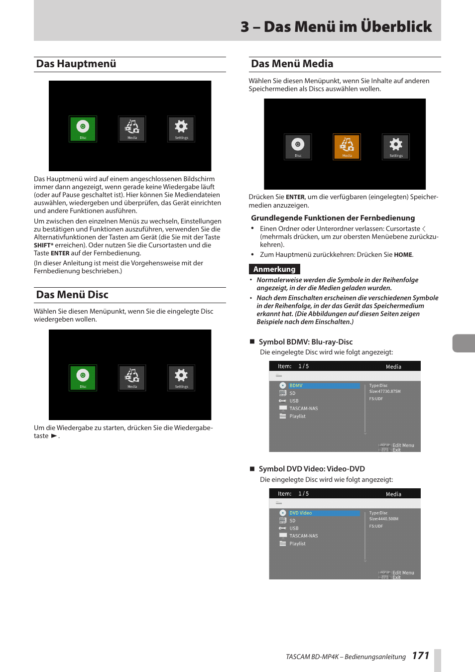 3 – das menü im überblick, Das hauptmenü, Das menü disc | Das menü media, Das hauptmenü das menü disc das menü media | Tascam BD-MP4K Professional-Grade 4K UHD Blu-ray Player User Manual | Page 171 / 260