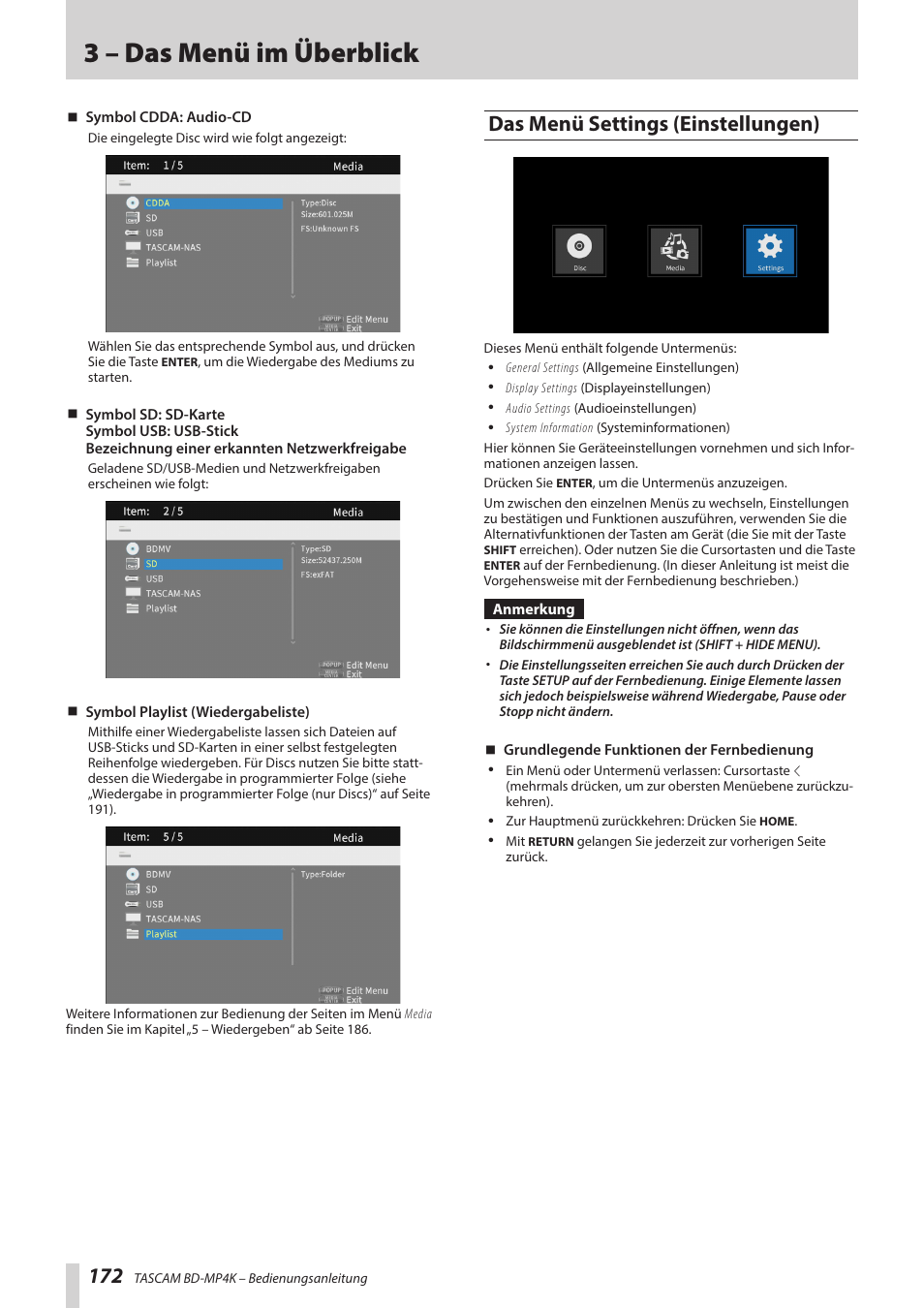 Das menü settings (einstellungen), 3 – das menü im überblick | Tascam BD-MP4K Professional-Grade 4K UHD Blu-ray Player User Manual | Page 172 / 260