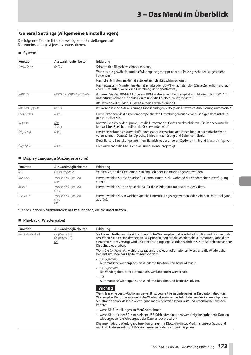 General settings (allgemeine einstellungen), 3 – das menü im überblick | Tascam BD-MP4K Professional-Grade 4K UHD Blu-ray Player User Manual | Page 173 / 260