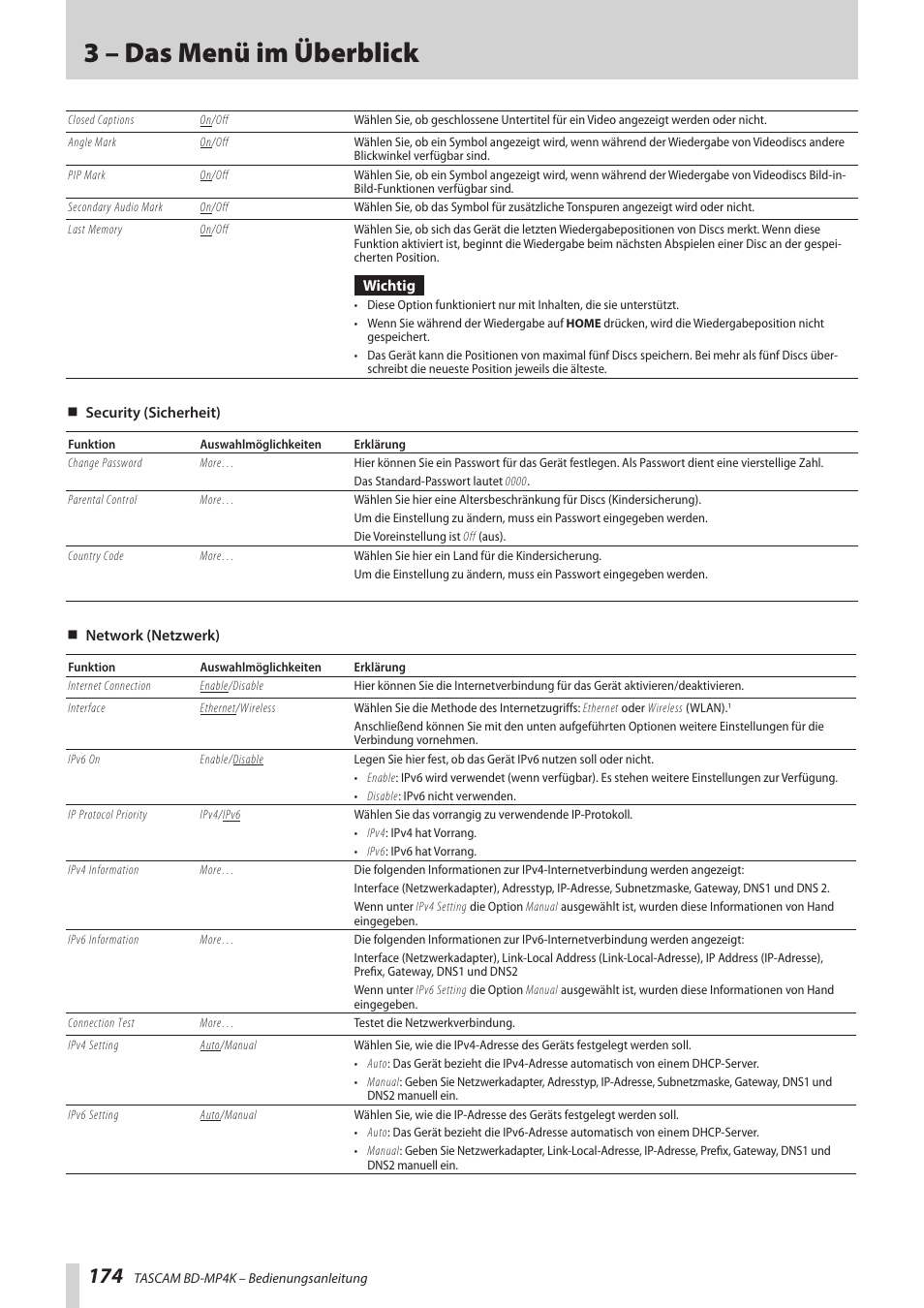 3 – das menü im überblick | Tascam BD-MP4K Professional-Grade 4K UHD Blu-ray Player User Manual | Page 174 / 260
