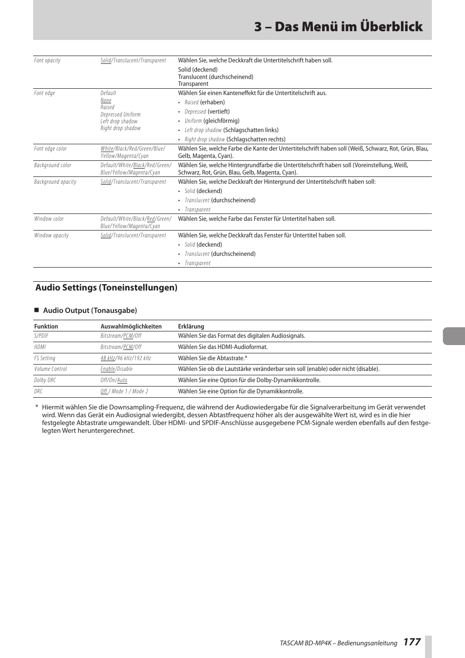 Audio settings (toneinstellungen), 3 – das menü im überblick | Tascam BD-MP4K Professional-Grade 4K UHD Blu-ray Player User Manual | Page 177 / 260