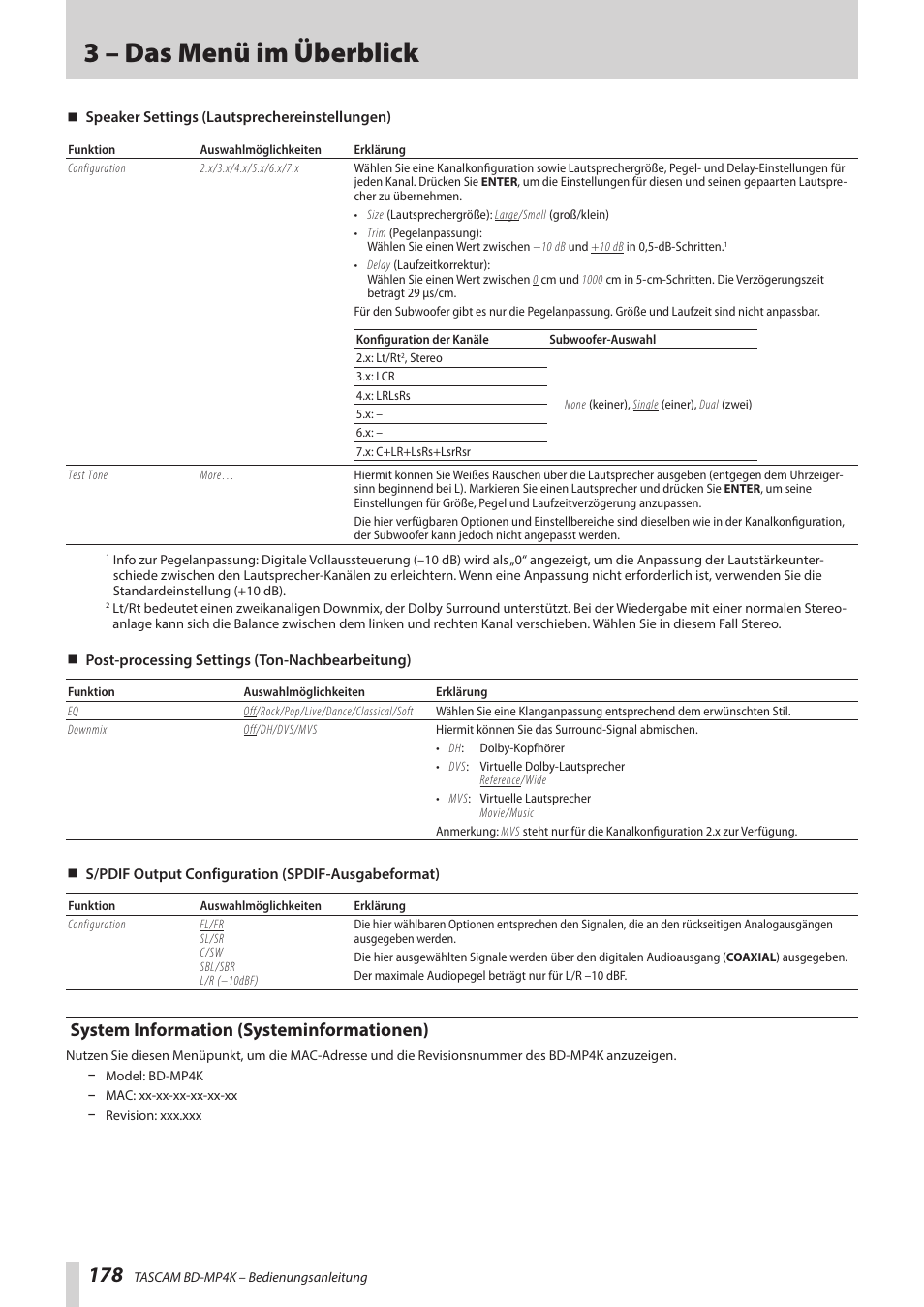 System information (systeminformationen), 3 – das menü im überblick | Tascam BD-MP4K Professional-Grade 4K UHD Blu-ray Player User Manual | Page 178 / 260