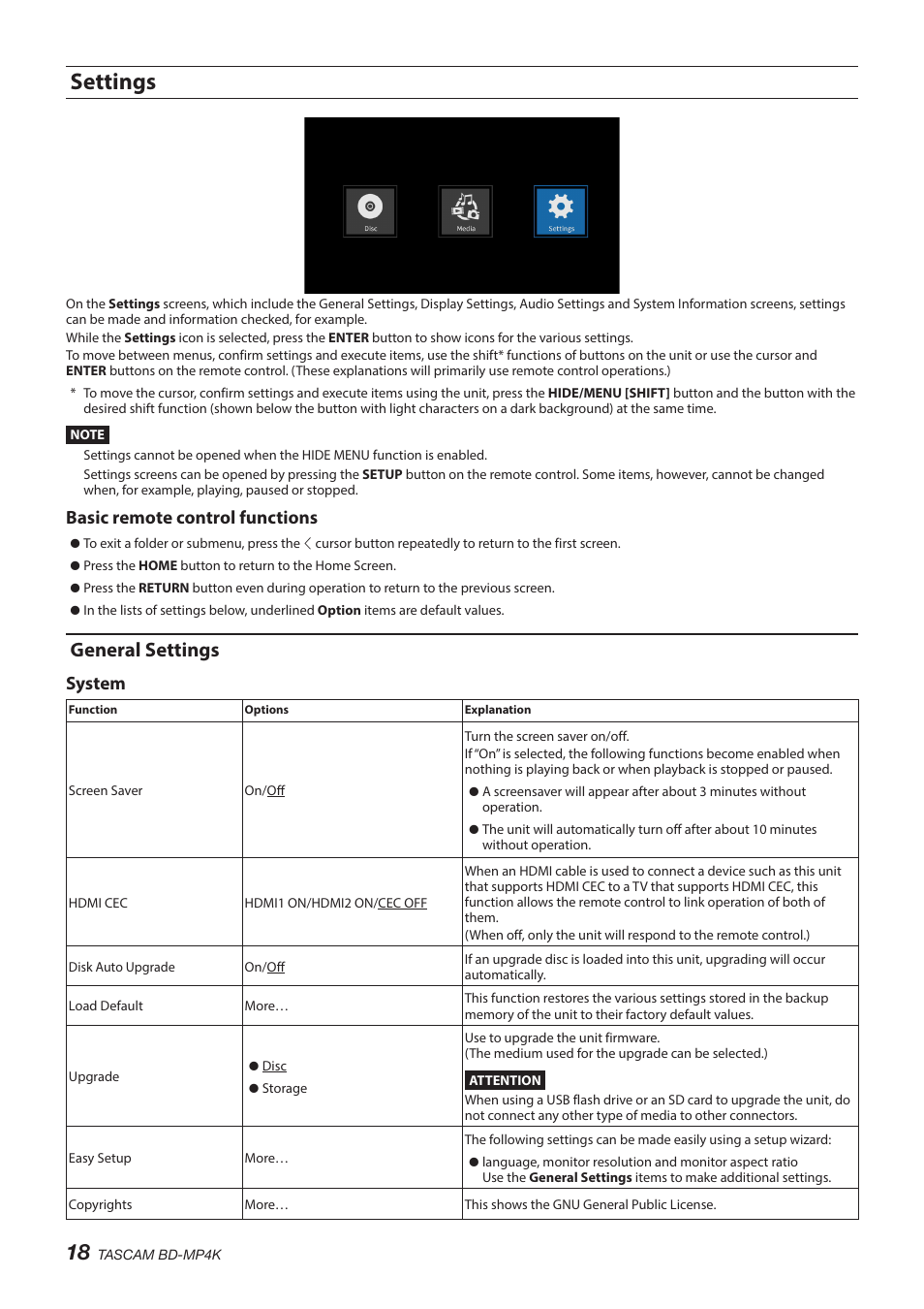 Settings, General settings, Basic remote control functions | System | Tascam BD-MP4K Professional-Grade 4K UHD Blu-ray Player User Manual | Page 18 / 260