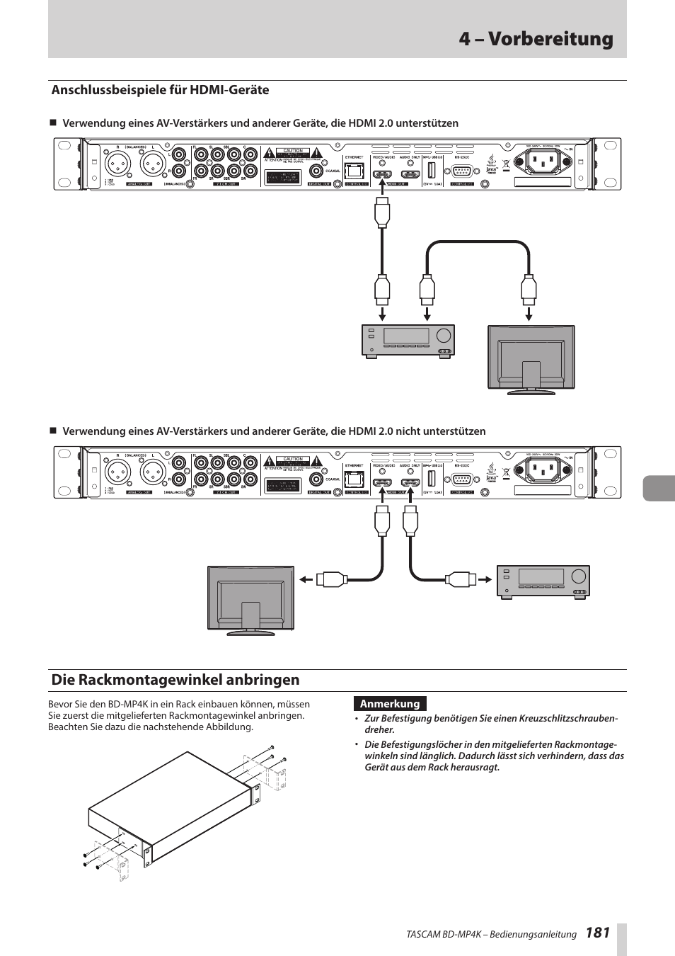 Anschlussbeispiele für hdmi-geräte, Die rackmontagewinkel anbringen, 4 – vorbereitung | Tascam BD-MP4K Professional-Grade 4K UHD Blu-ray Player User Manual | Page 181 / 260