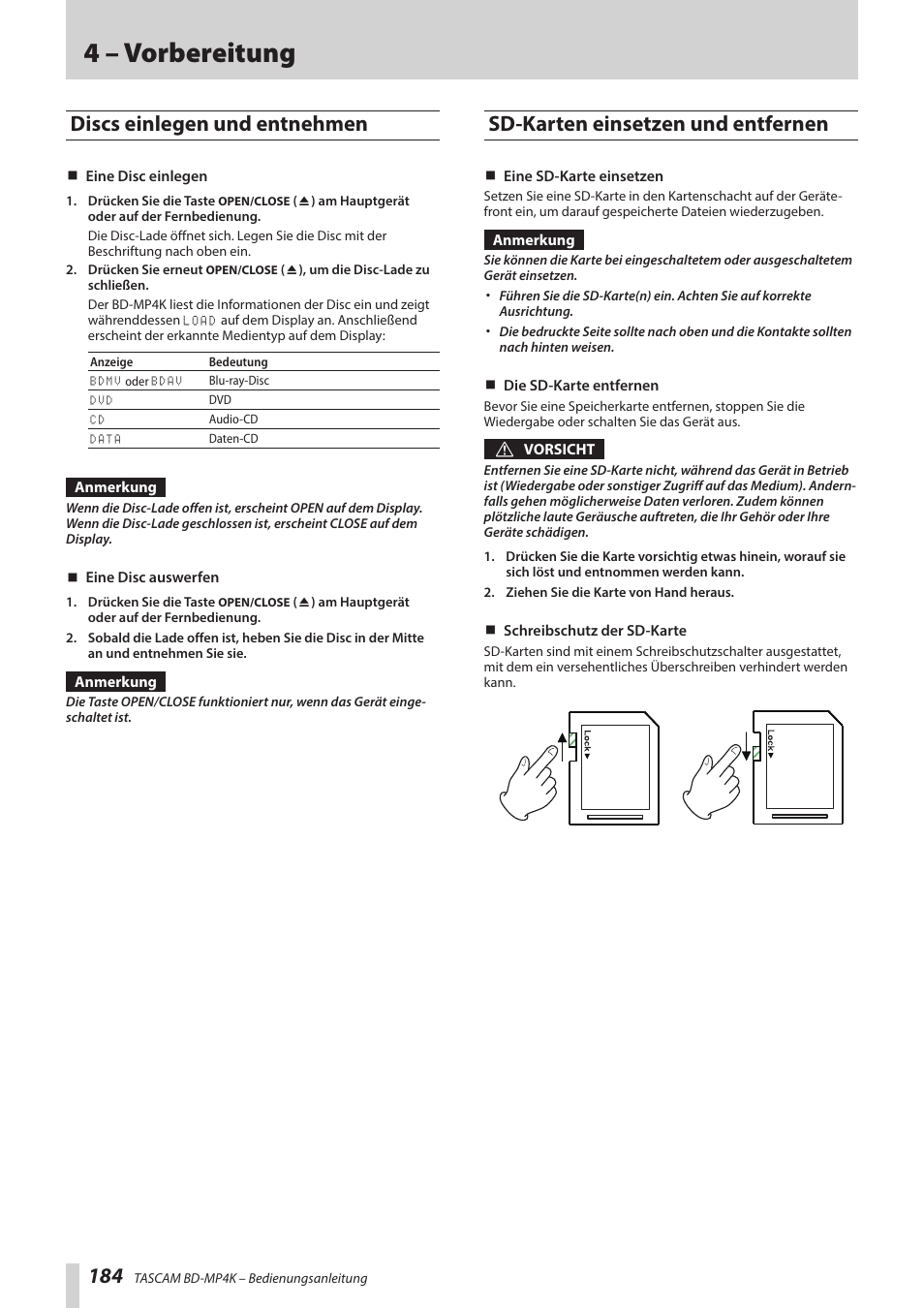 Discs einlegen und entnehmen, Sd-karten einsetzen und entfernen, 4 – vorbereitung | Tascam BD-MP4K Professional-Grade 4K UHD Blu-ray Player User Manual | Page 184 / 260