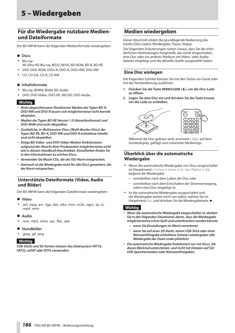 5 – wiedergeben, Medien wiedergeben, Eine disc einlegen | Überblick über die automatische wiedergabe, Für die wiedergabe nutzbare medien- und, Dateiformate, El „5 – wiedergeben, Seite 186 | Tascam BD-MP4K Professional-Grade 4K UHD Blu-ray Player User Manual | Page 186 / 260