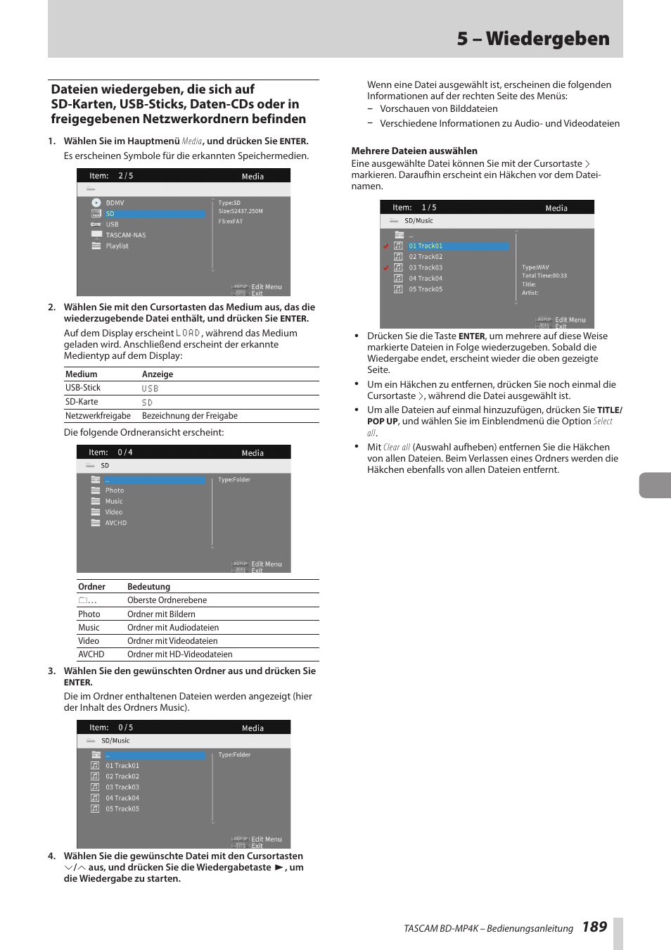 5 – wiedergeben | Tascam BD-MP4K Professional-Grade 4K UHD Blu-ray Player User Manual | Page 189 / 260