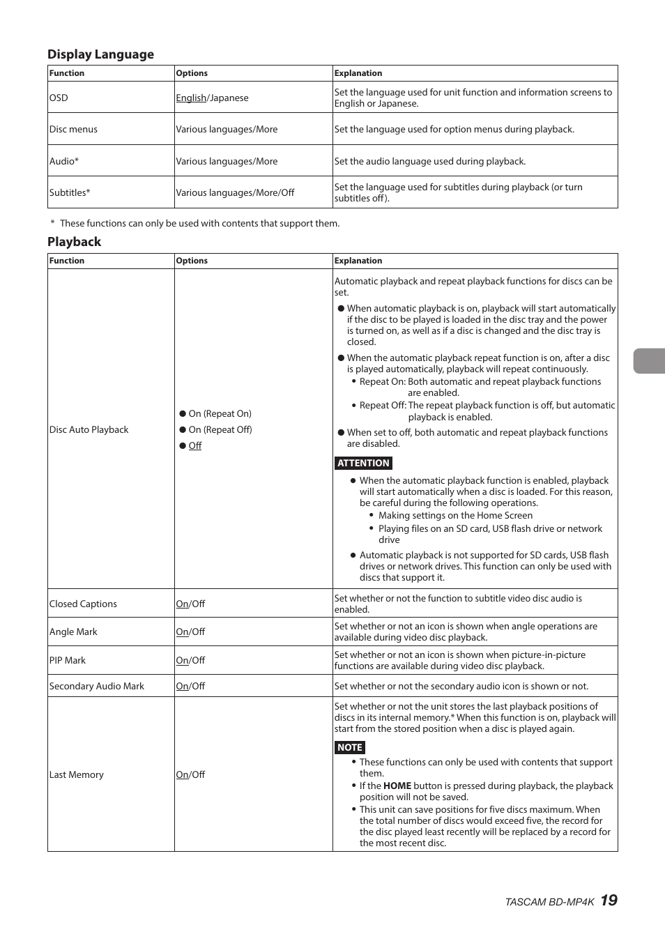 Display language, Playback | Tascam BD-MP4K Professional-Grade 4K UHD Blu-ray Player User Manual | Page 19 / 260