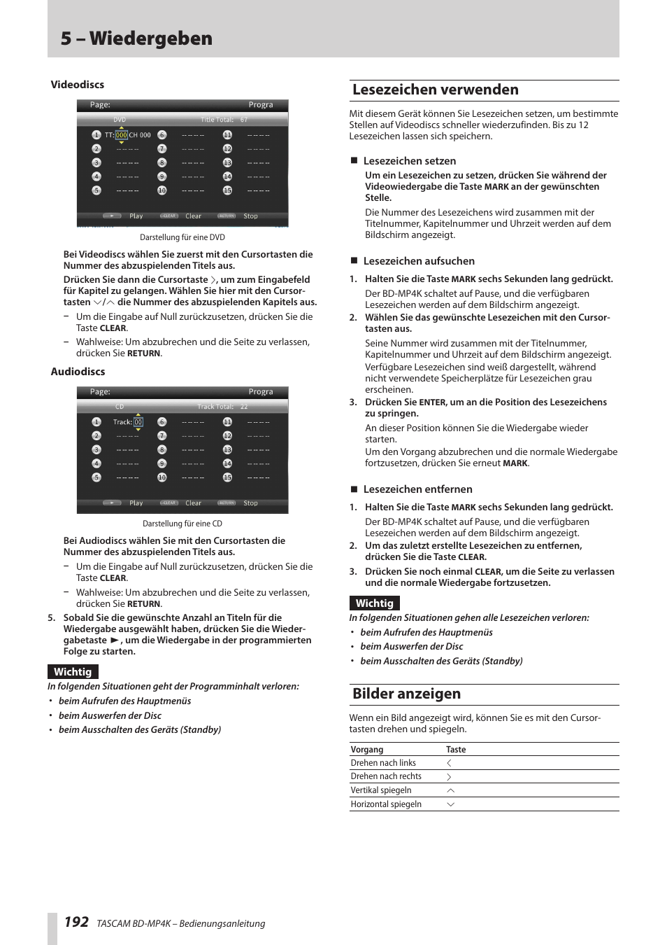 Lesezeichen verwenden, Bilder anzeigen, Lesezeichen verwenden bilder anzeigen | 5 – wiedergeben | Tascam BD-MP4K Professional-Grade 4K UHD Blu-ray Player User Manual | Page 192 / 260