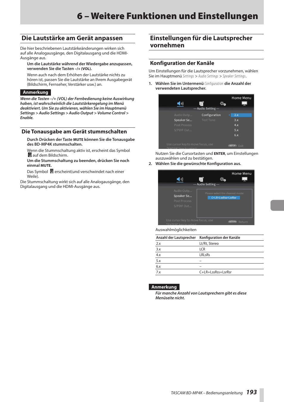 6 – weitere funktionen und einstellungen, Die lautstärke am gerät anpassen, Die tonausgabe am gerät stummschalten | Einstellungen für die lautsprecher vornehmen, Konfiguration der kanäle | Tascam BD-MP4K Professional-Grade 4K UHD Blu-ray Player User Manual | Page 193 / 260