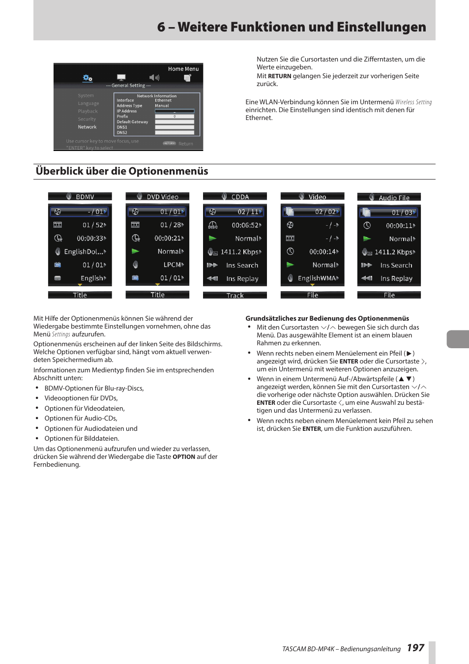 Überblick über die optionenmenüs, 6 – weitere funktionen und einstellungen | Tascam BD-MP4K Professional-Grade 4K UHD Blu-ray Player User Manual | Page 197 / 260