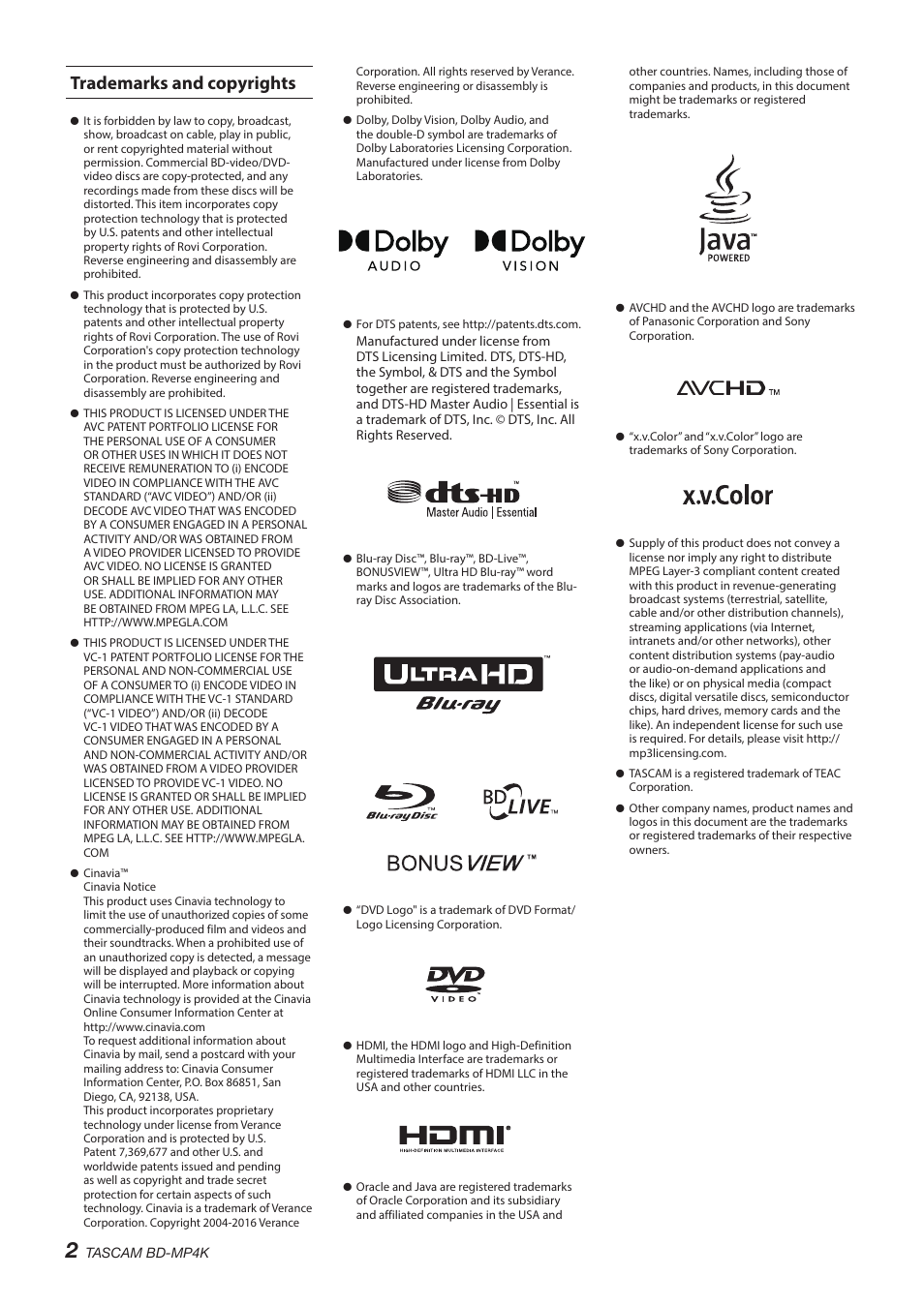 Trademarks and copyrights | Tascam BD-MP4K Professional-Grade 4K UHD Blu-ray Player User Manual | Page 2 / 260