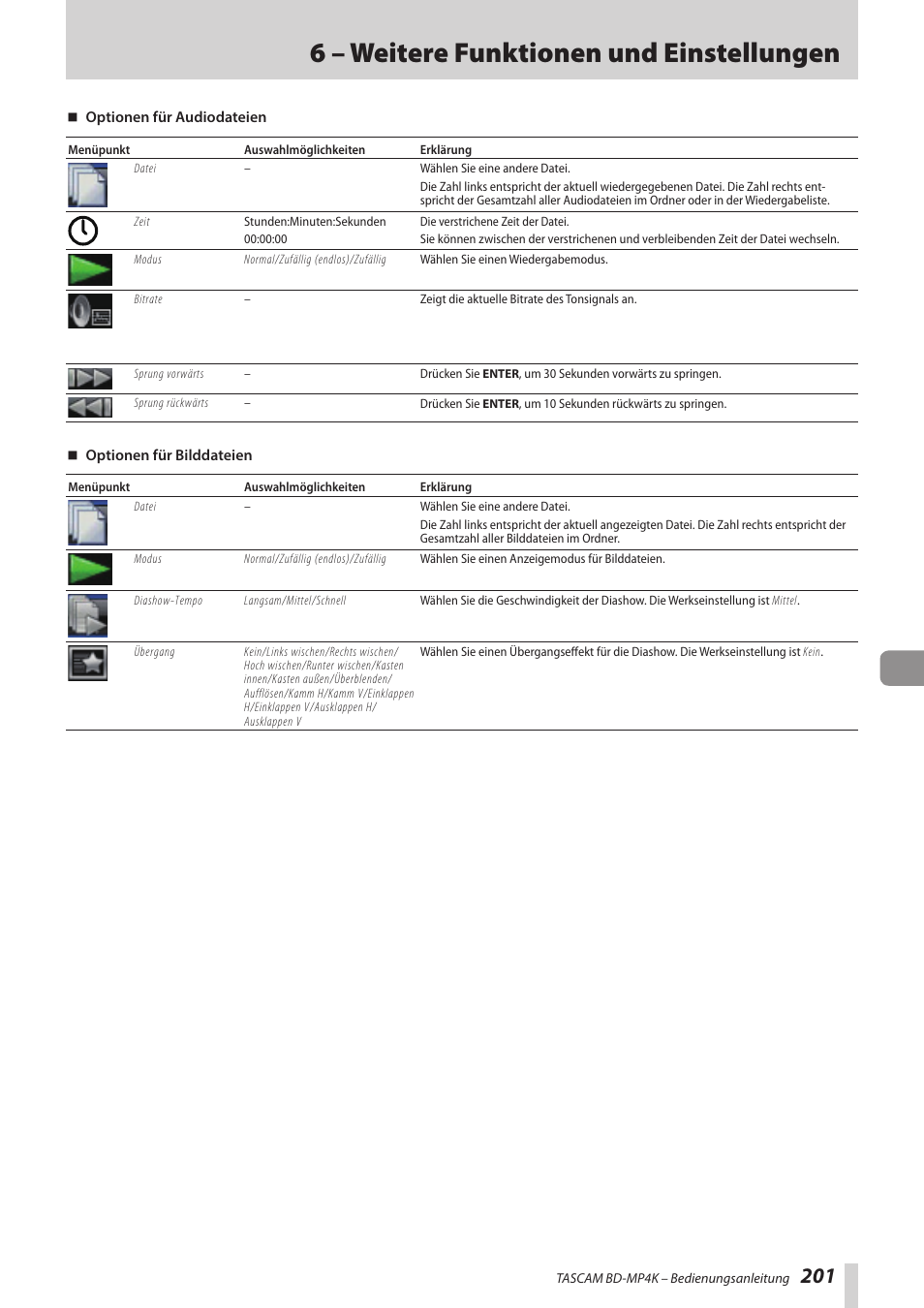 6 – weitere funktionen und einstellungen | Tascam BD-MP4K Professional-Grade 4K UHD Blu-ray Player User Manual | Page 201 / 260