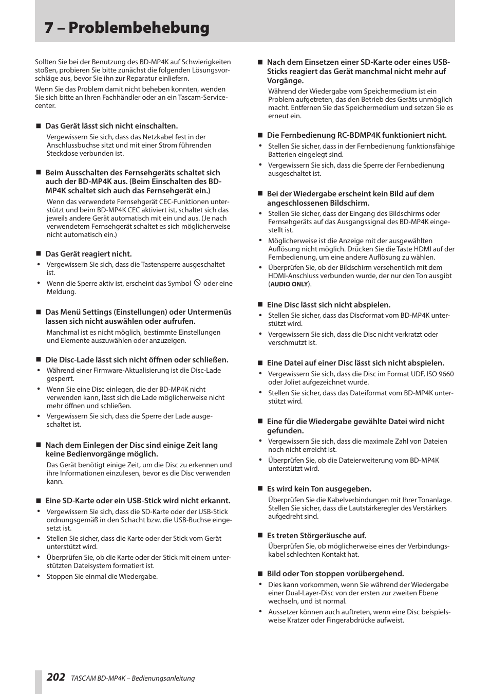 7 – problembehebung | Tascam BD-MP4K Professional-Grade 4K UHD Blu-ray Player User Manual | Page 202 / 260