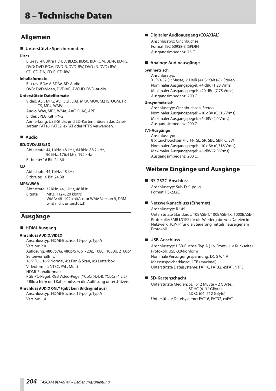 8 – technische daten, Allgemein, Ausgänge | Weitere eingänge und ausgänge, Allgemein ausgänge weitere eingänge und ausgänge | Tascam BD-MP4K Professional-Grade 4K UHD Blu-ray Player User Manual | Page 204 / 260