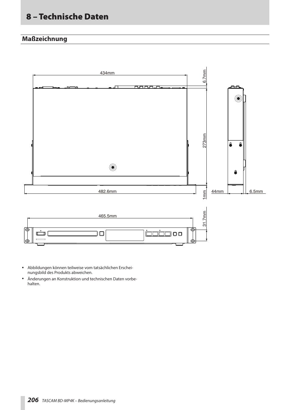 Maßzeichnung, 8 – technische daten | Tascam BD-MP4K Professional-Grade 4K UHD Blu-ray Player User Manual | Page 206 / 260