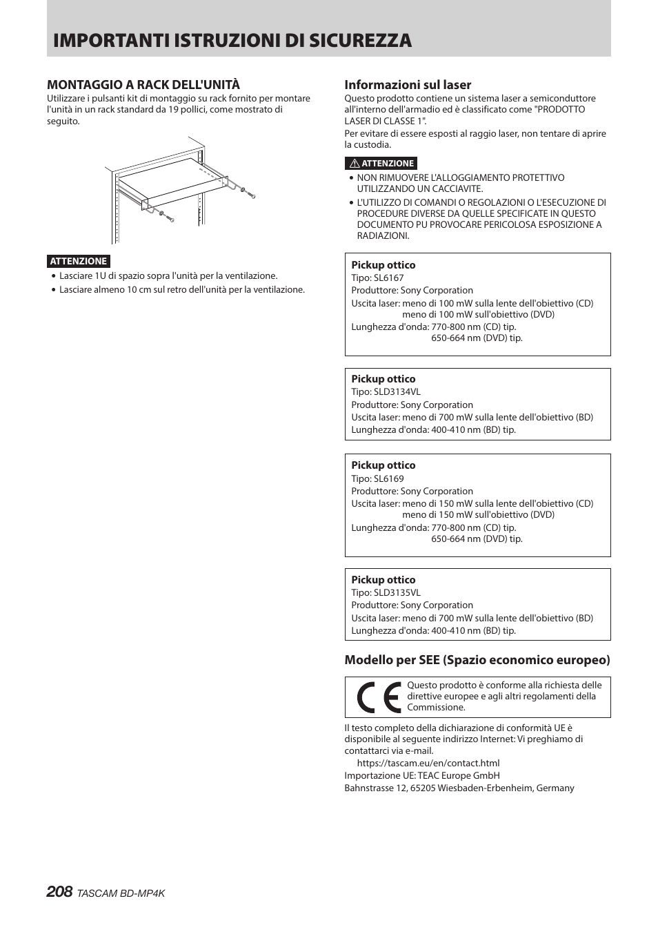 Importanti istruzioni di sicurezza, Montaggio a rack dell'unità, Informazioni sul laser | Modello per see (spazio economico europeo) | Tascam BD-MP4K Professional-Grade 4K UHD Blu-ray Player User Manual | Page 208 / 260