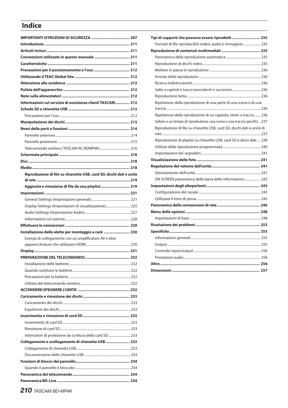 Indice | Tascam BD-MP4K Professional-Grade 4K UHD Blu-ray Player User Manual | Page 210 / 260