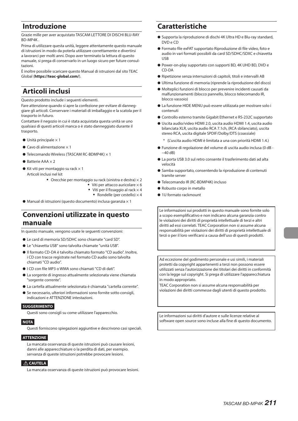 Introduzione, Articoli inclusi, Convenzioni utilizzate in questo manuale | Caratteristiche | Tascam BD-MP4K Professional-Grade 4K UHD Blu-ray Player User Manual | Page 211 / 260