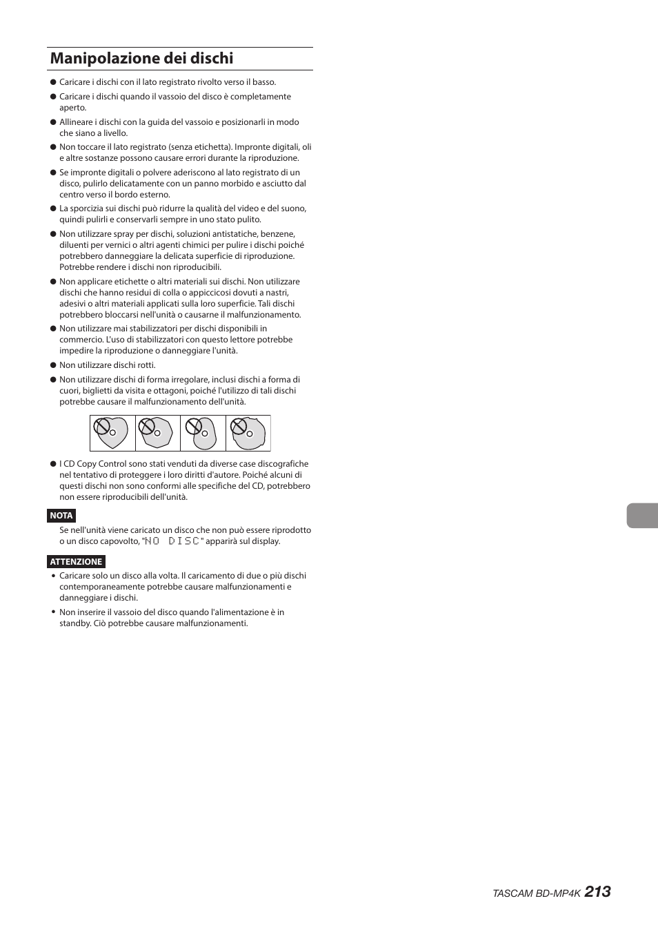 Manipolazione dei dischi | Tascam BD-MP4K Professional-Grade 4K UHD Blu-ray Player User Manual | Page 213 / 260