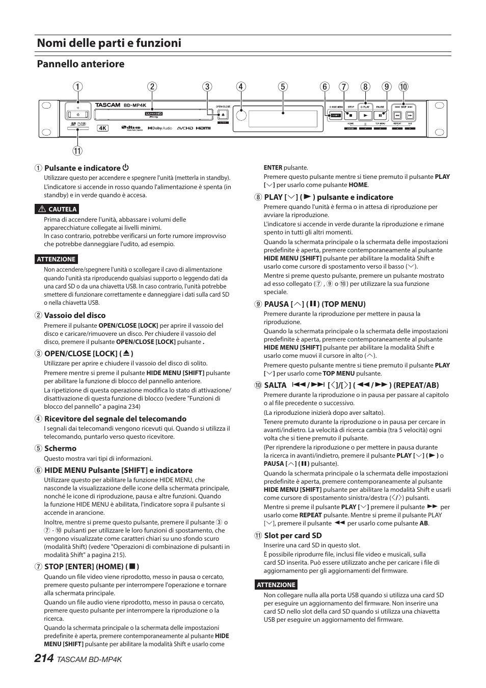 Nomi delle parti e funzioni, Pannello anteriore | Tascam BD-MP4K Professional-Grade 4K UHD Blu-ray Player User Manual | Page 214 / 260