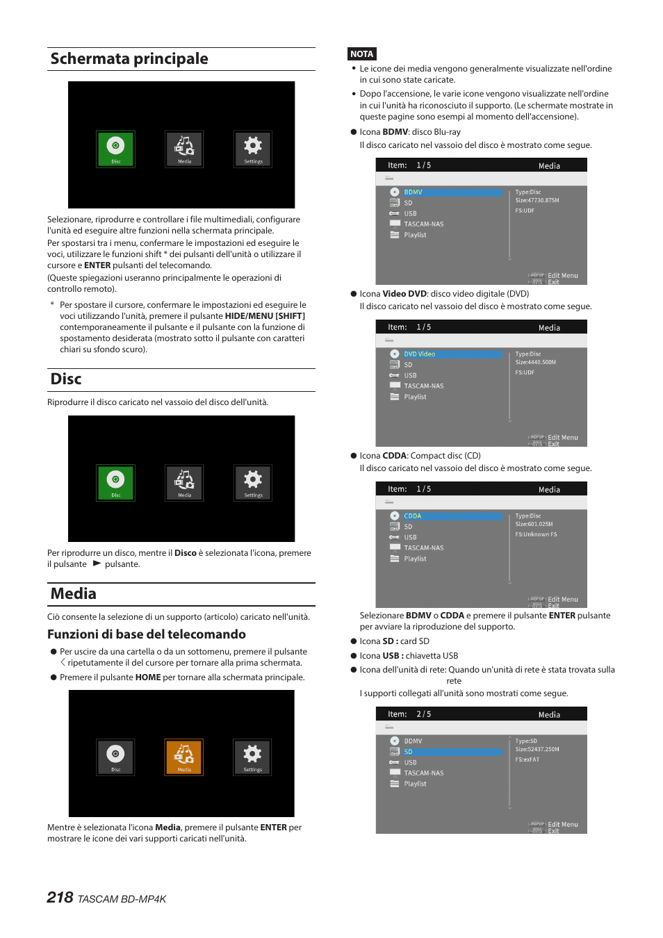 Schermata principale, Disc, Media | Schermata principale disc media, Funzioni di base del telecomando | Tascam BD-MP4K Professional-Grade 4K UHD Blu-ray Player User Manual | Page 218 / 260