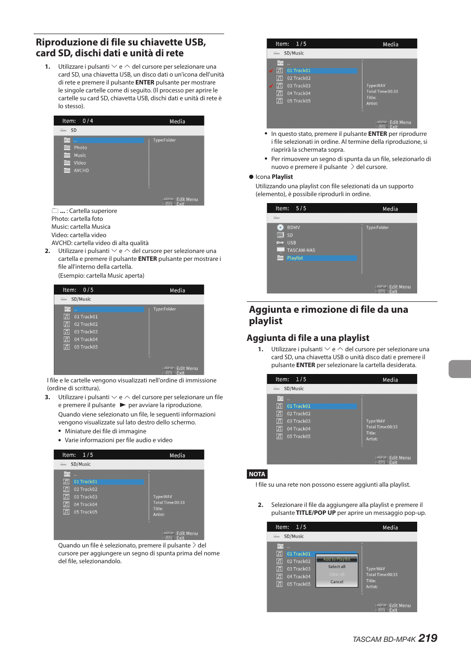 Aggiunta e rimozione di file da una playlist, Aggiunta di file a una playlist | Tascam BD-MP4K Professional-Grade 4K UHD Blu-ray Player User Manual | Page 219 / 260