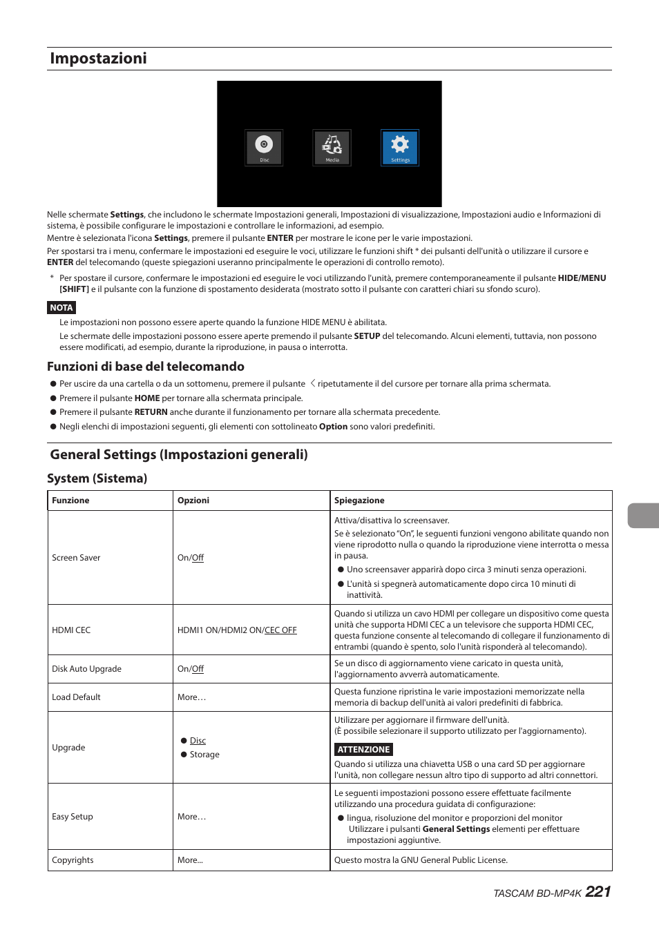 Impostazioni, General settings (impostazioni generali), Funzioni di base del telecomando | System (sistema) | Tascam BD-MP4K Professional-Grade 4K UHD Blu-ray Player User Manual | Page 221 / 260