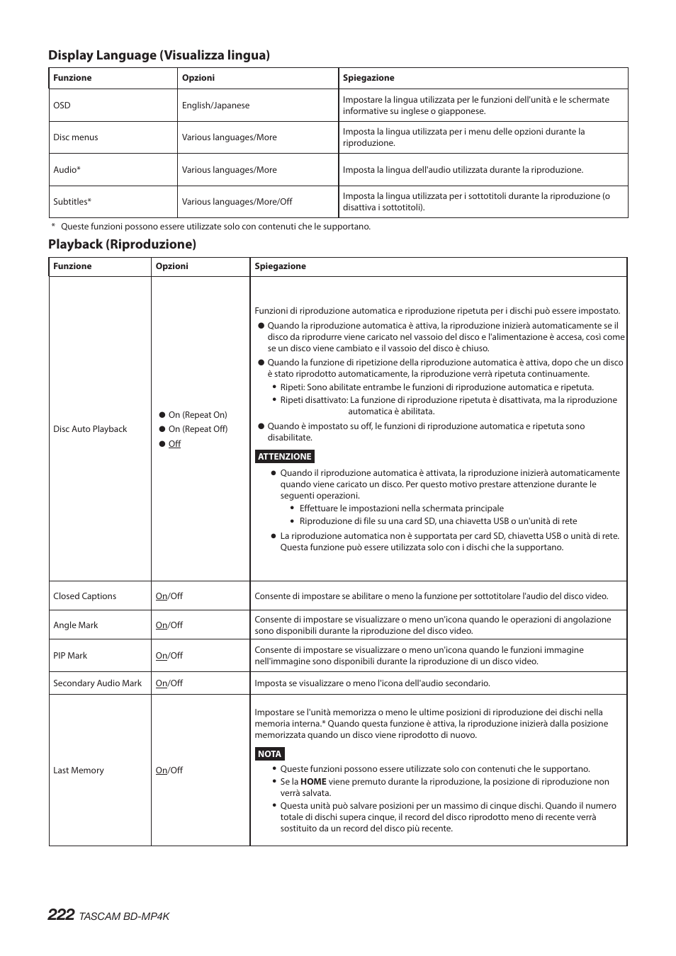 Display language (visualizza lingua), Playback (riproduzione) | Tascam BD-MP4K Professional-Grade 4K UHD Blu-ray Player User Manual | Page 222 / 260