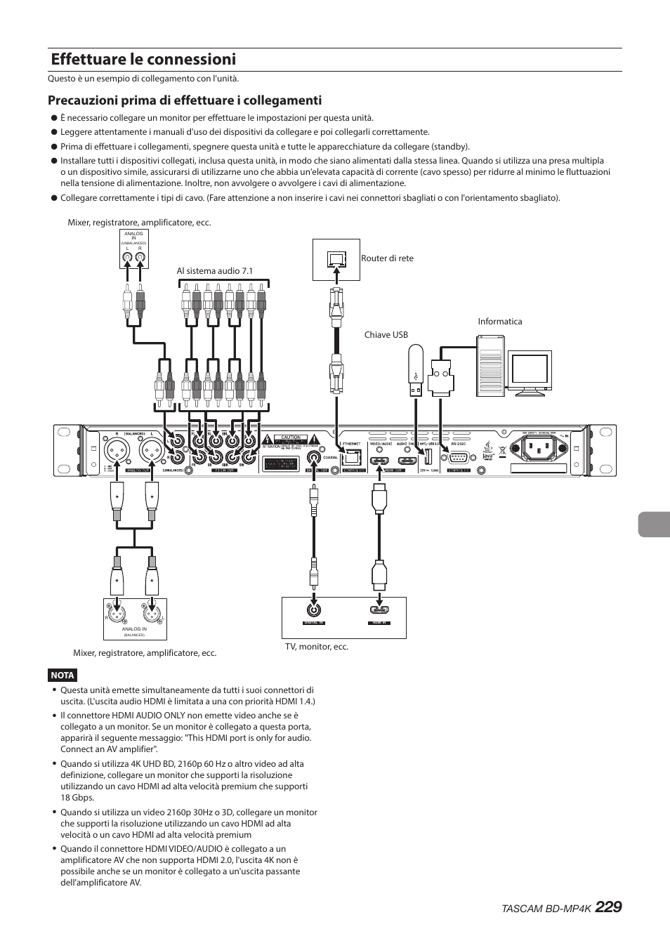 Effettuare le connessioni, Precauzioni prima di effettuare i collegamenti | Tascam BD-MP4K Professional-Grade 4K UHD Blu-ray Player User Manual | Page 229 / 260