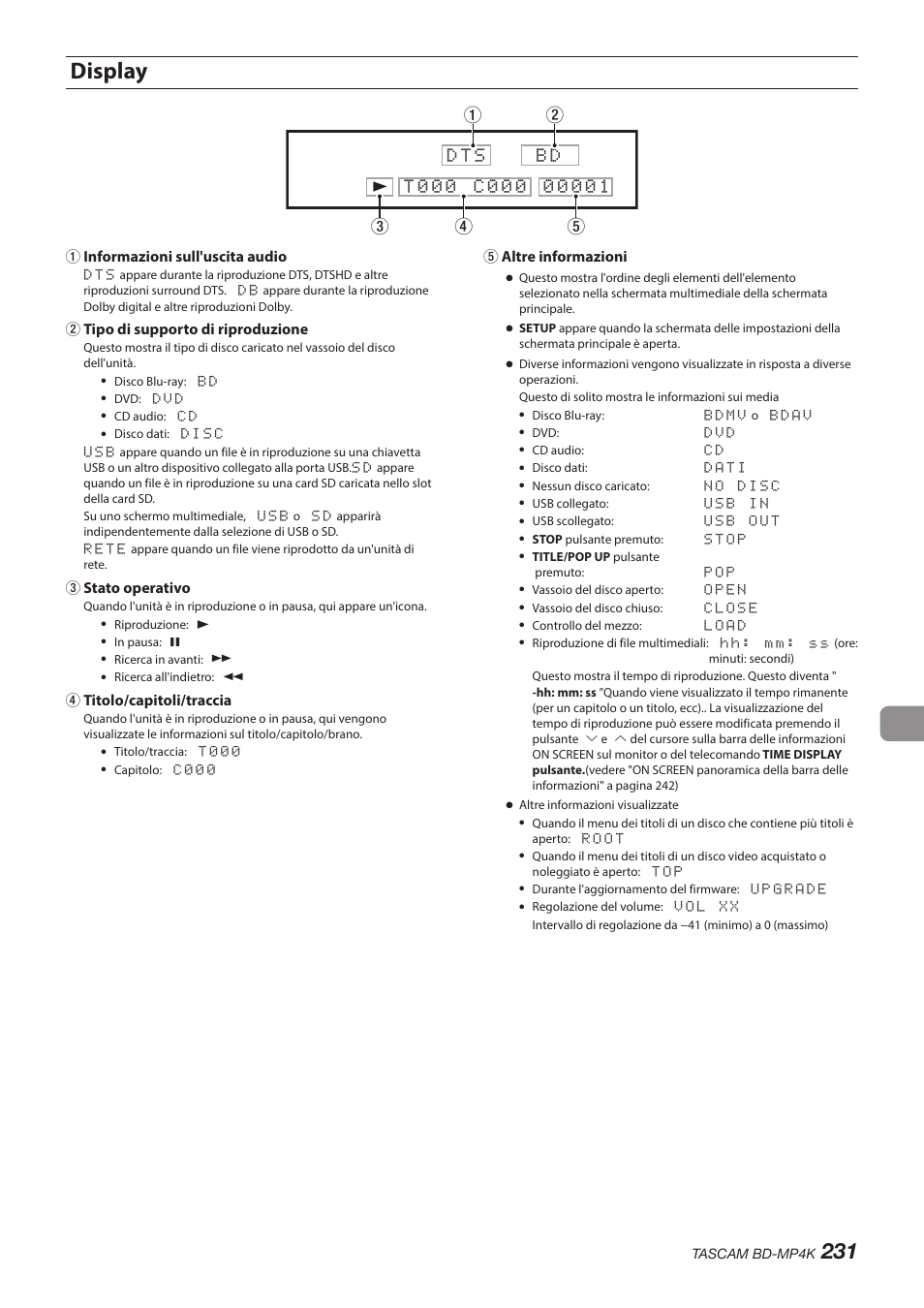 Display | Tascam BD-MP4K Professional-Grade 4K UHD Blu-ray Player User Manual | Page 231 / 260