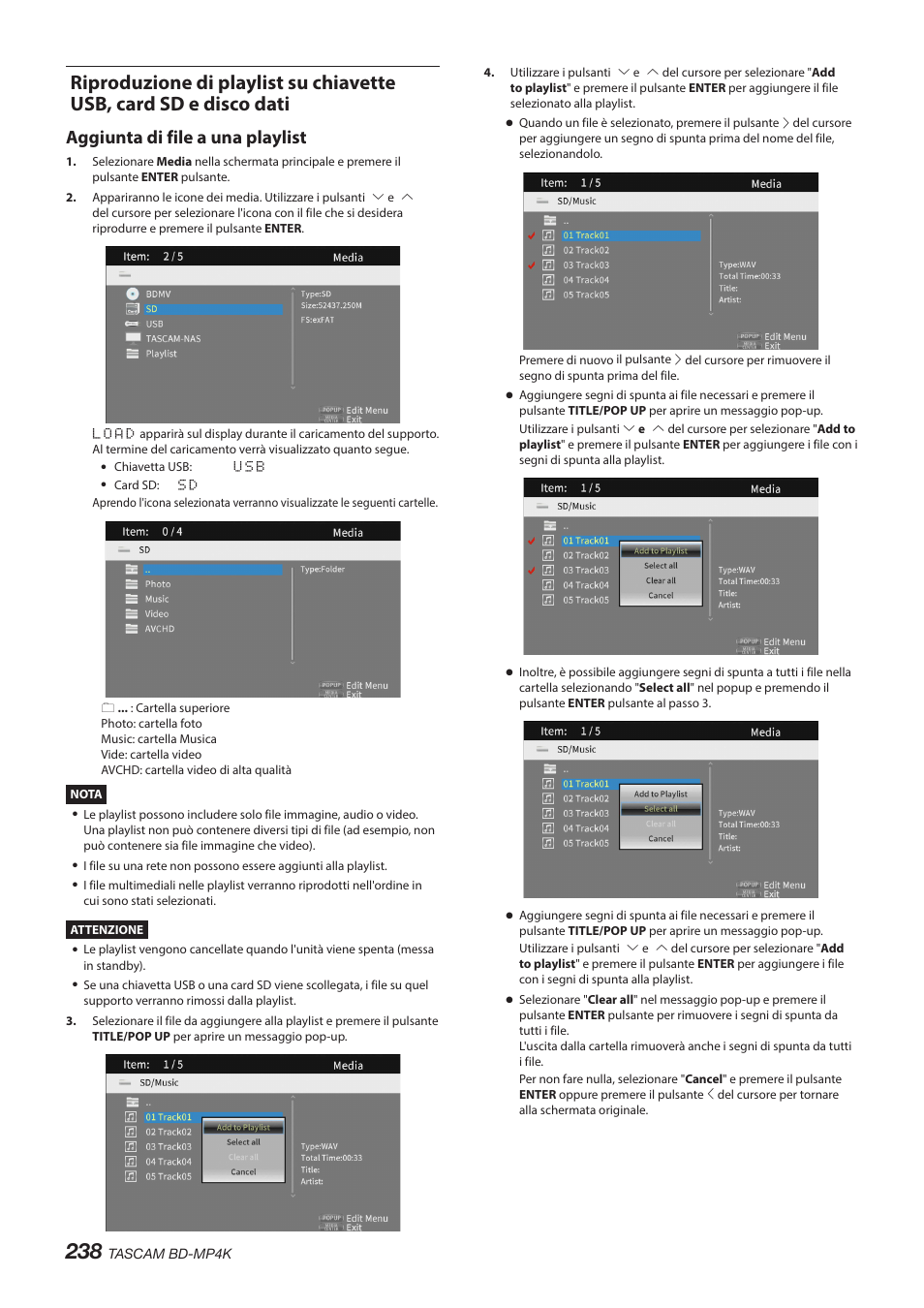 Aggiunta di file a una playlist | Tascam BD-MP4K Professional-Grade 4K UHD Blu-ray Player User Manual | Page 238 / 260