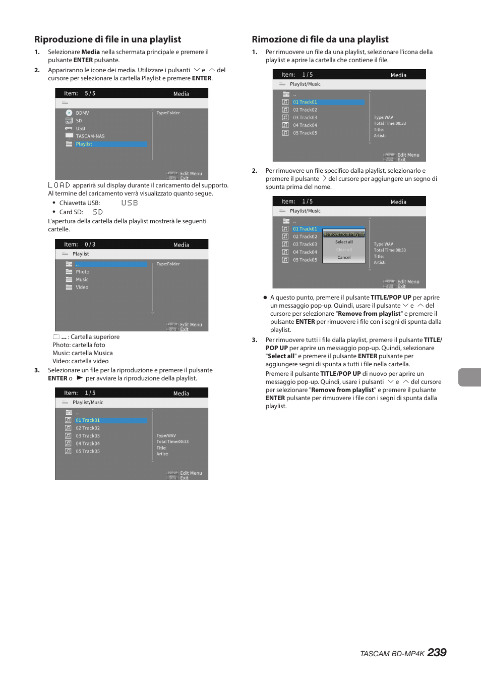 Riproduzione di file in una playlist, Rimozione di file da una playlist | Tascam BD-MP4K Professional-Grade 4K UHD Blu-ray Player User Manual | Page 239 / 260