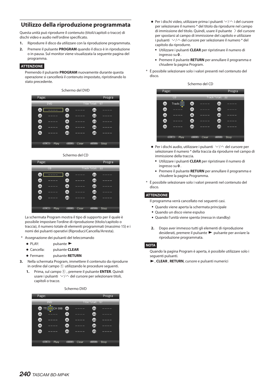 Utilizzo della riproduzione programmata | Tascam BD-MP4K Professional-Grade 4K UHD Blu-ray Player User Manual | Page 240 / 260